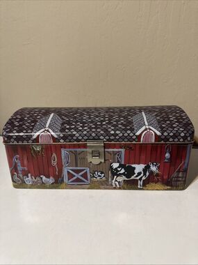 Vintage Tin Box  Country Litho Barn and Farm Animals with Latch 13" X 8" X 6"